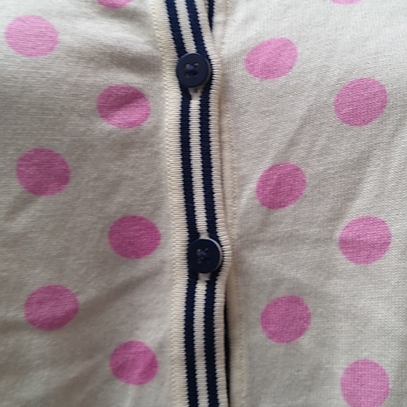 Talbots white pink poka dot cardigan with navy blue trim (neck bottom hem sleeve - Picture 5 of 7
